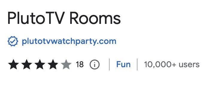 Chrome Web Store listing header: PlutoTV Rooms, plutotvwatchparty.com, 18 ratings, category Fun, 10,000+ users.