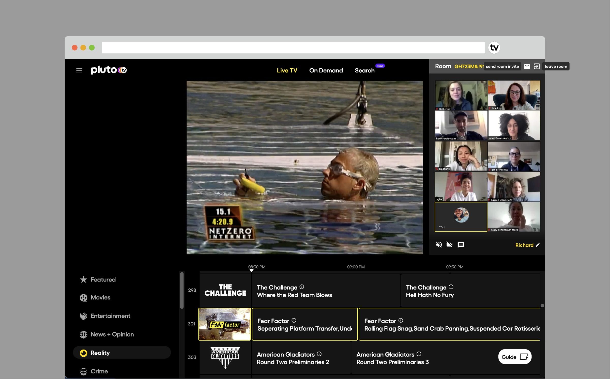 PlutoTV playing live TV with the Rooms panel open, showing a grid of friends on video.