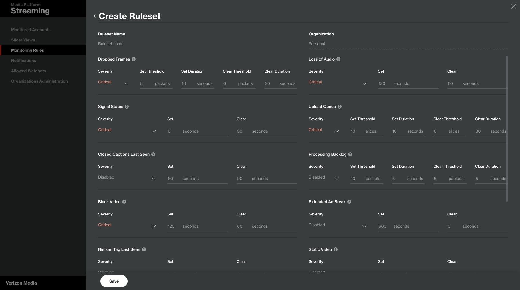 Create Ruleset drawer with sections for dropped frames, loss of audio, signal status, upload queue, closed captions, processing backlog, black video and extended ad break — each with severity, set threshold, set duration, clear threshold and clear duration.