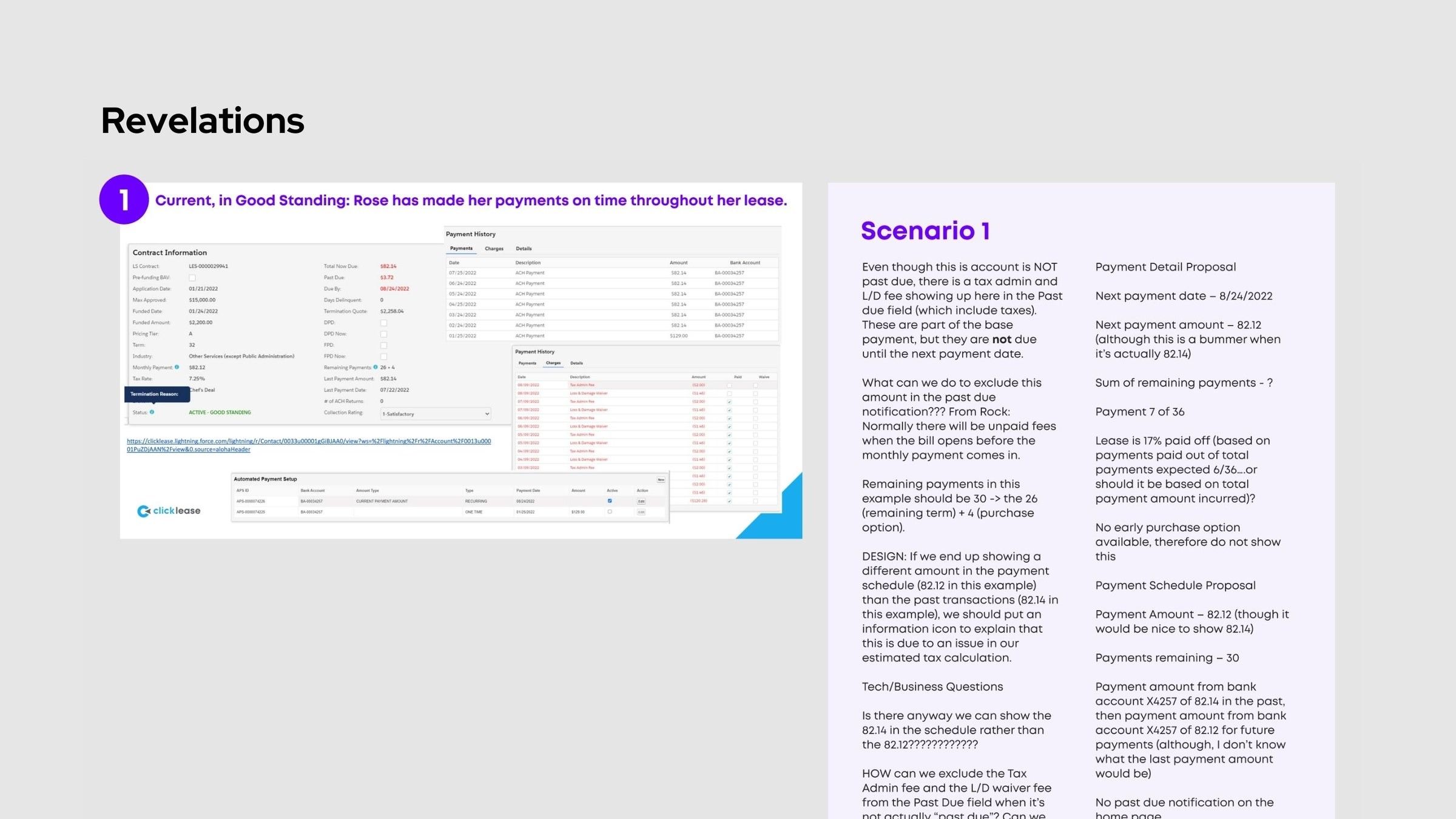 Scenario 1 revelation: a Salesforce record for a customer in good standing next to notes on what the portal should show and questions for the business.