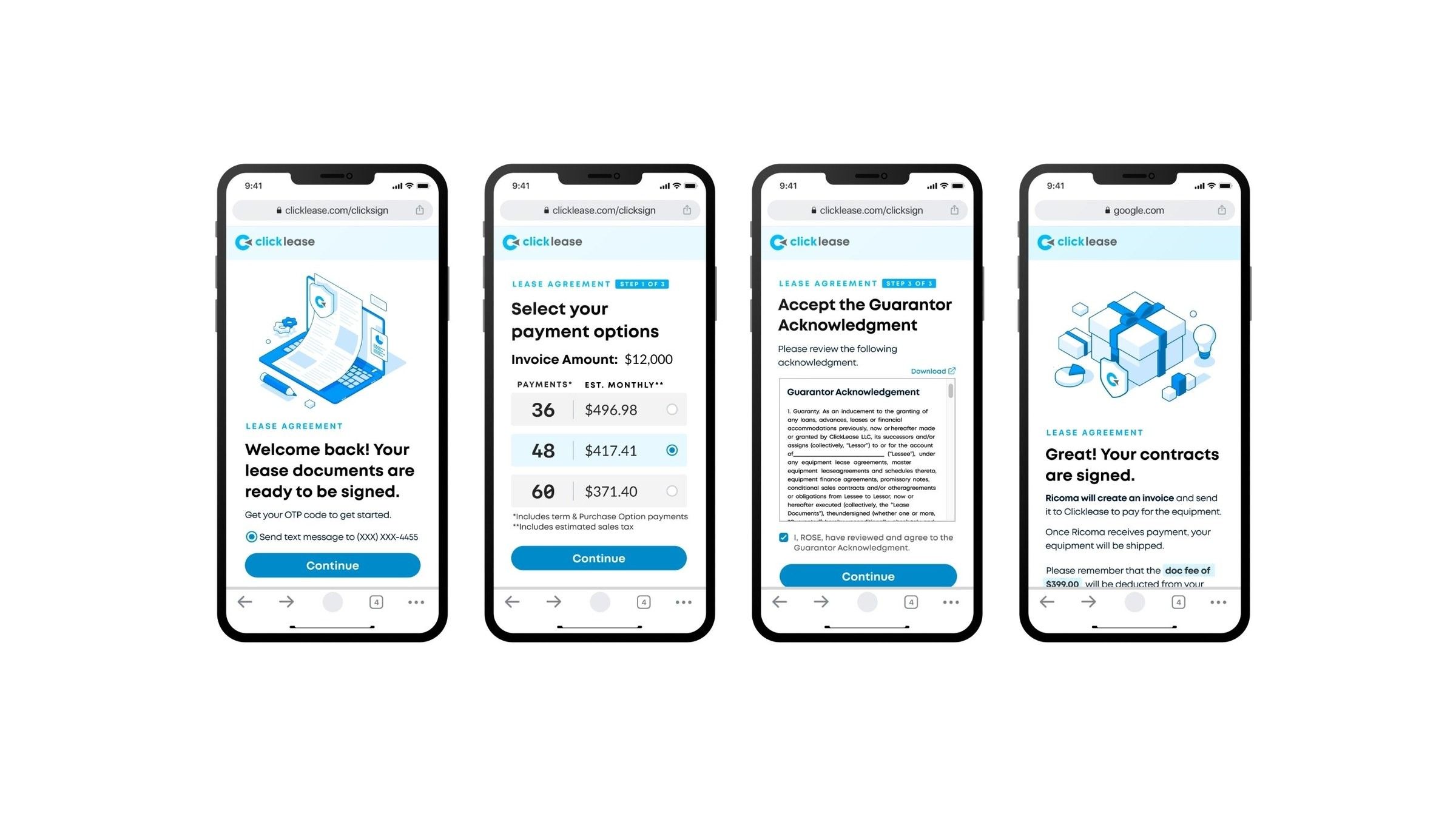 Four phones showing the new signing steps: welcome back, select your payment options, guarantor acknowledgement, and contracts signed.