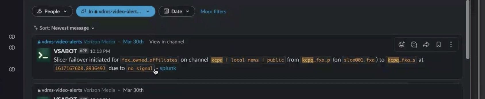 Slack channel with an automated alert: slicer failover initiated on a channel due to no signal.