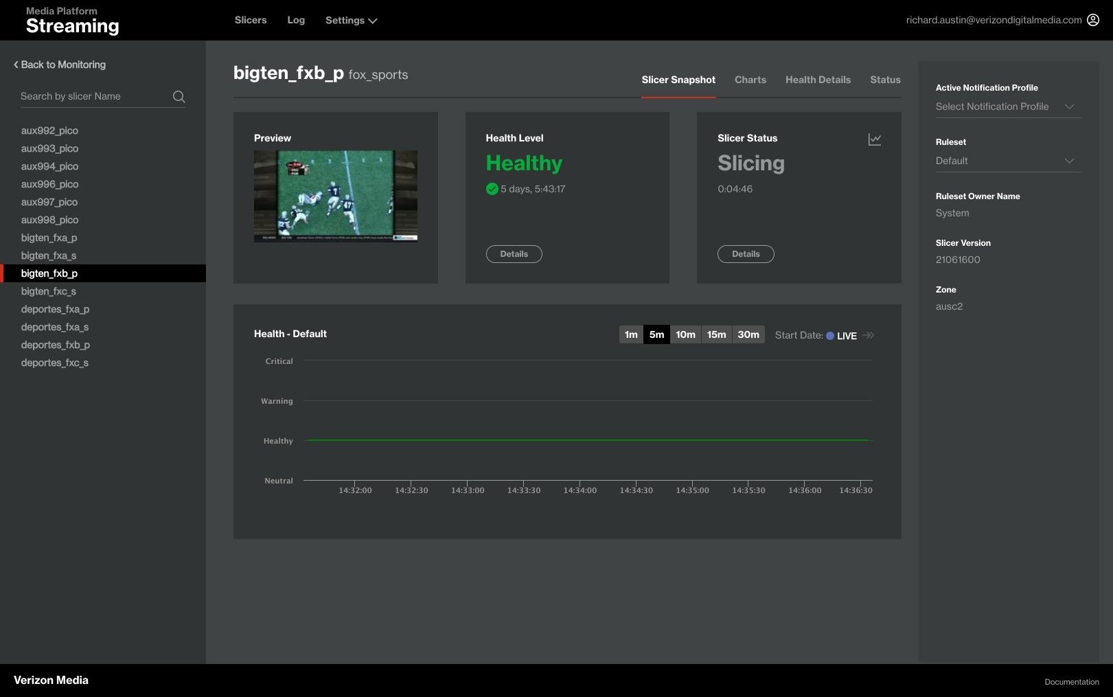 Slicer detail snapshot: preview thumbnail, health level Healthy, slicer status Slicing, and a health chart over time.