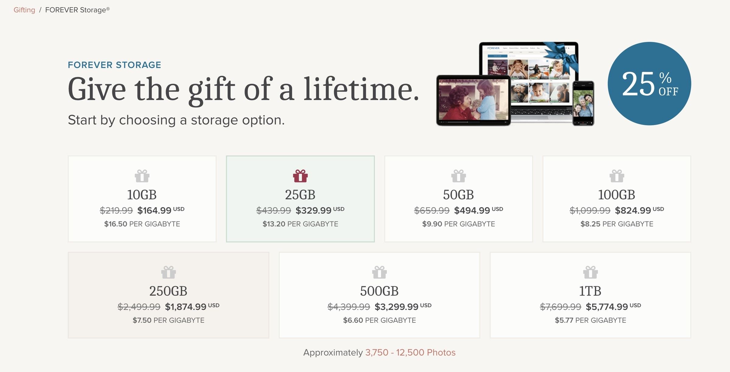 Give the gift of a lifetime: storage options from 10GB to 1TB with 25% off.