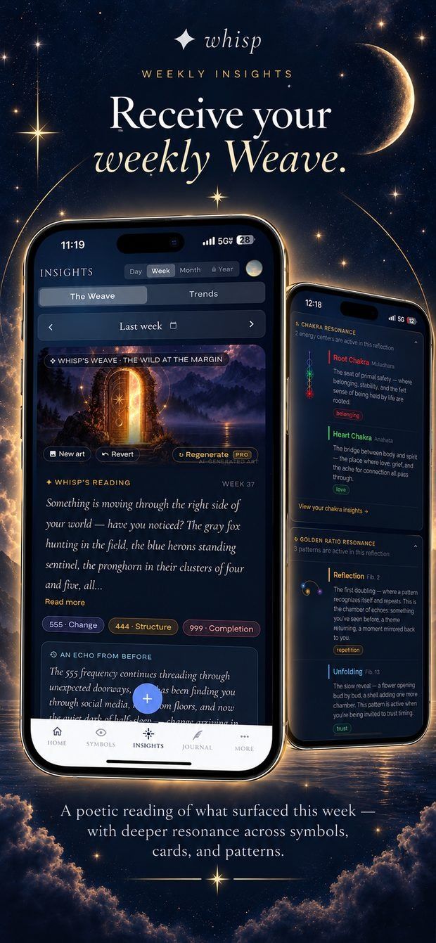App Store screenshot: “Receive your weekly Weave.” showing a weekly reading with symbols and cards.