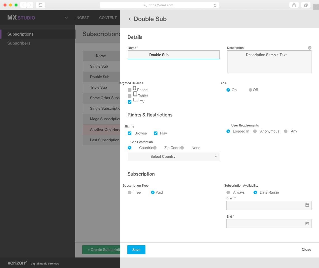 MX Studio subscription detail for restricting content by plan.