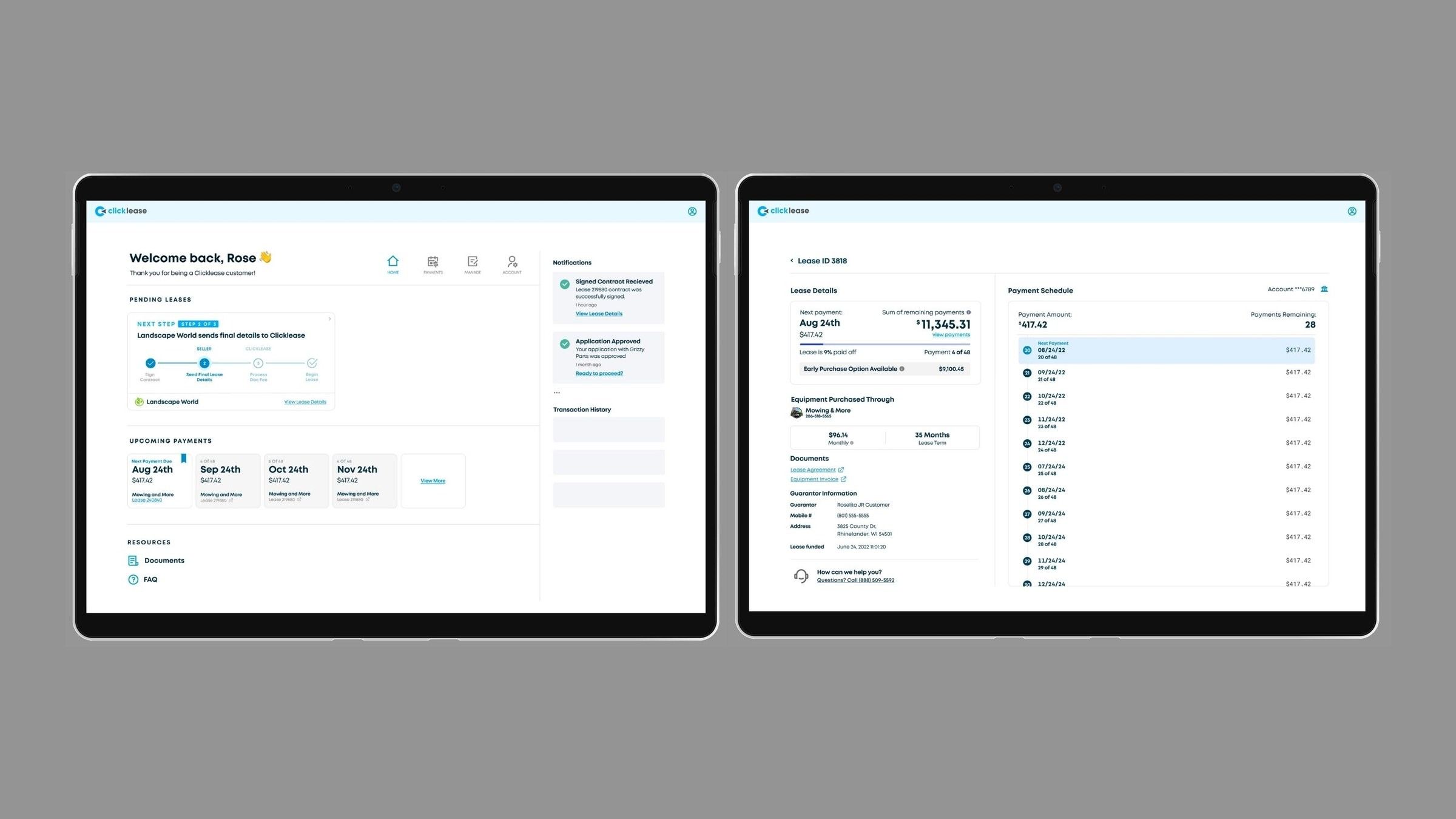Tablet layouts of the portal home and lease detail.