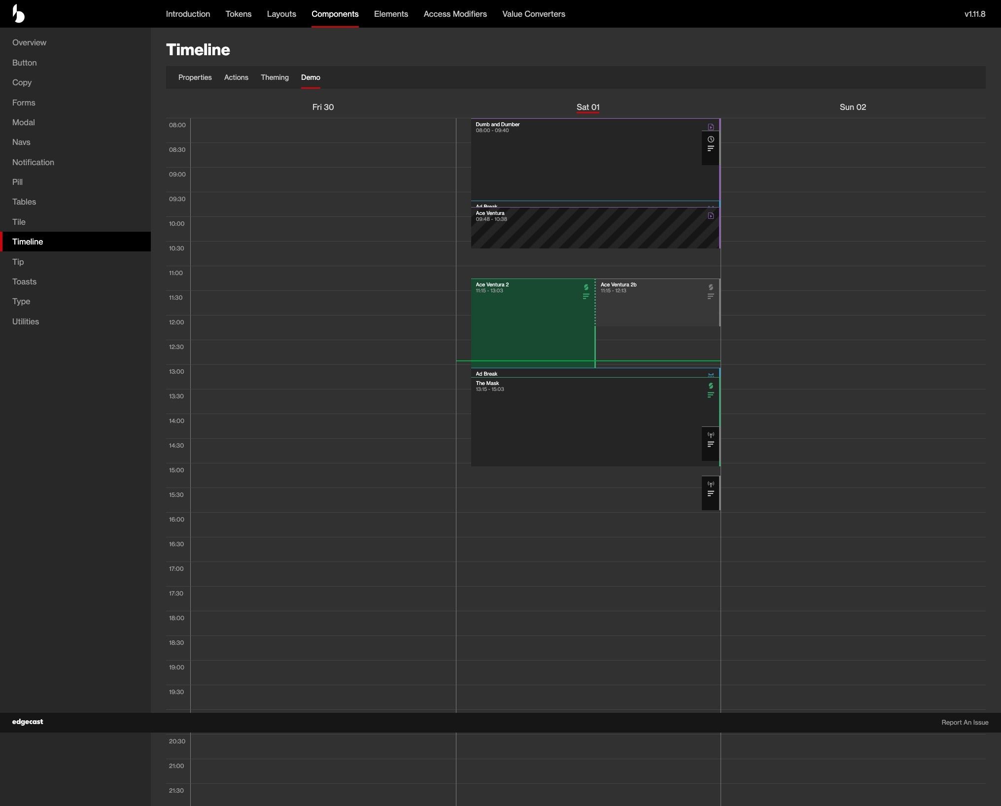 Bindable timeline component demo: scheduled blocks across days with an ad break and a highlighted event.
