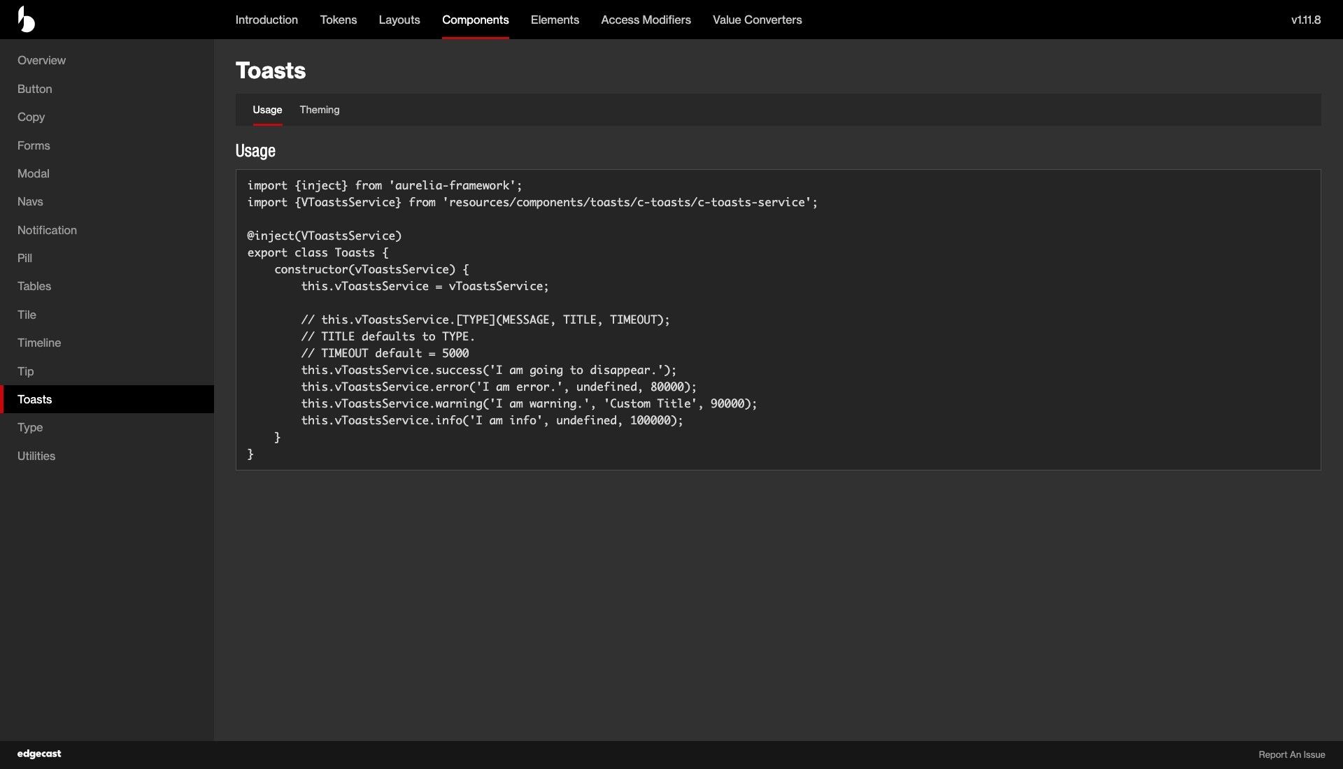 Bindable toasts usage documentation with TypeScript service code.