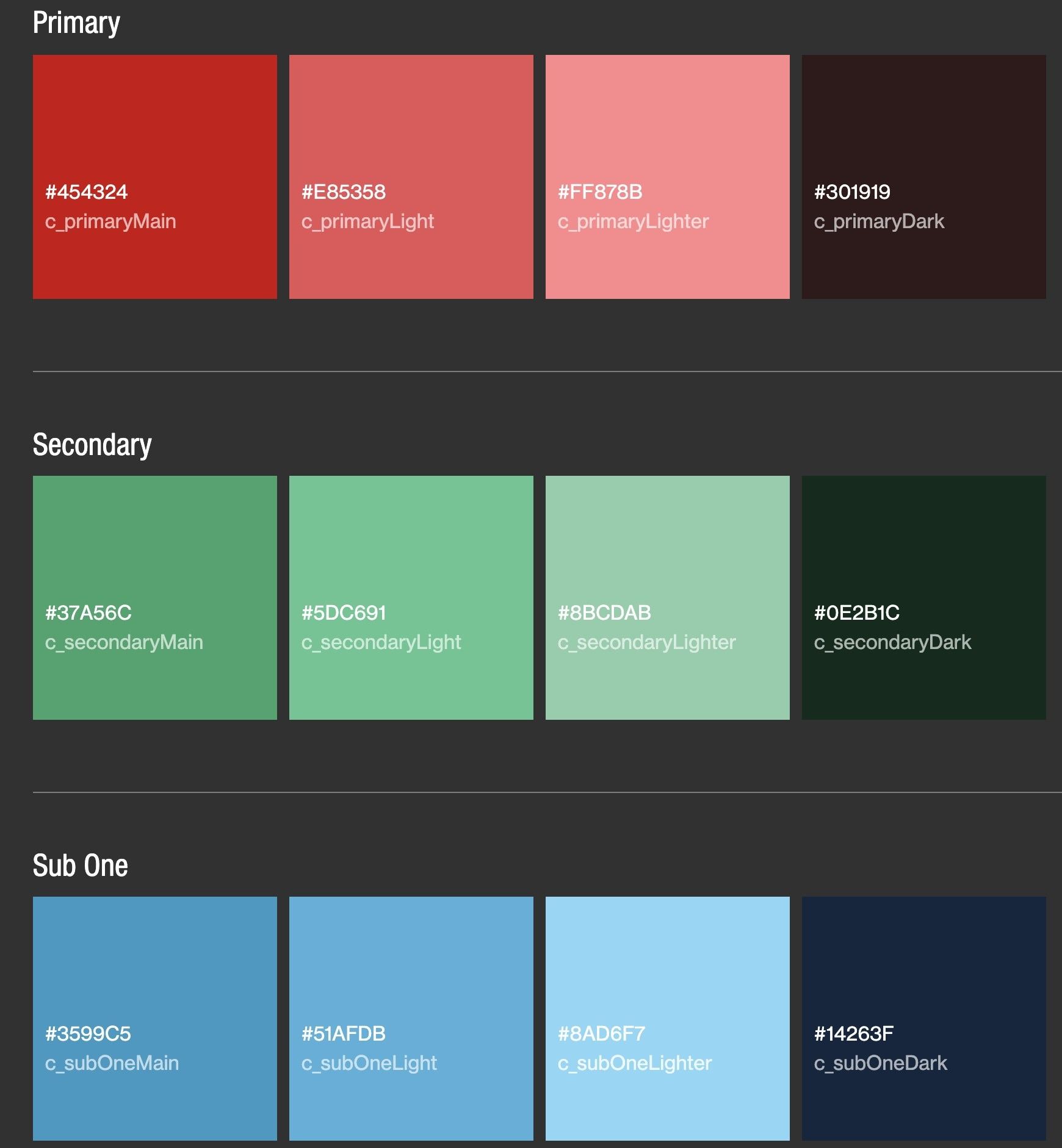 Bindable color tokens: primary reds, secondary greens and sub-one blues with hex values and token names.