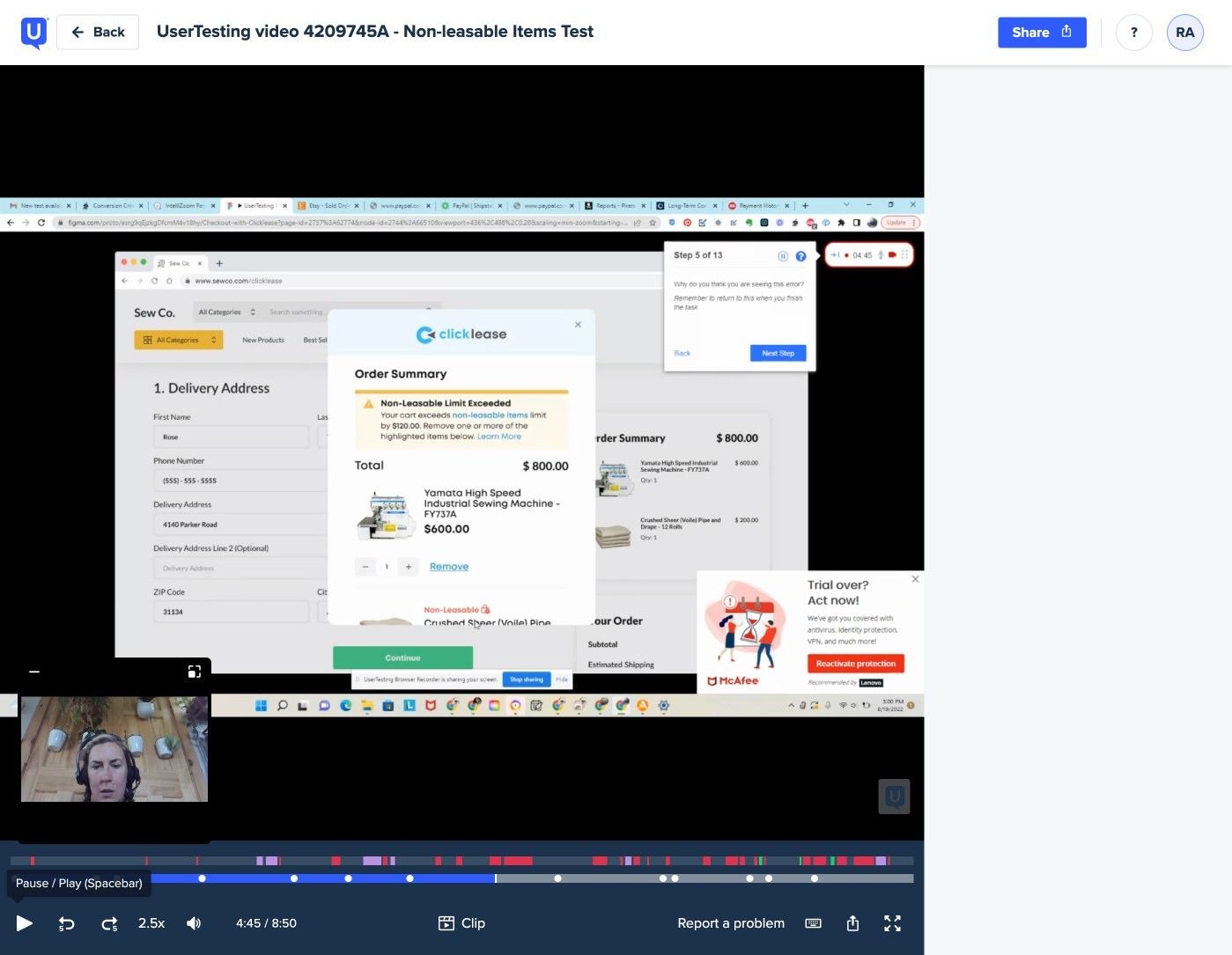 A UserTesting session recording of a participant working through a non-leasable items prototype.