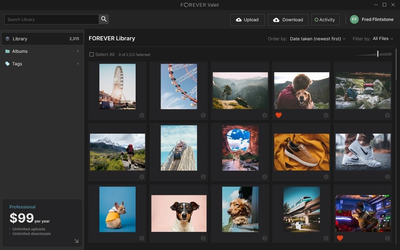 FOREVER Valet desktop app: a dark photo library grid with upload, download and activity controls.