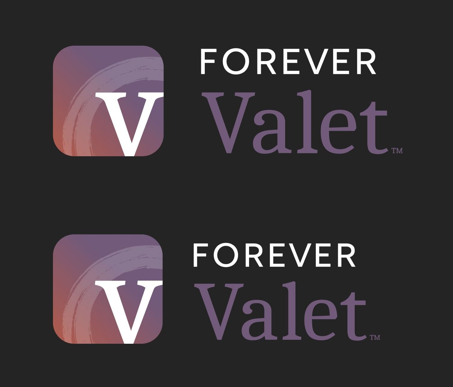 FOREVER Valet app icon and wordmark in two sizes.