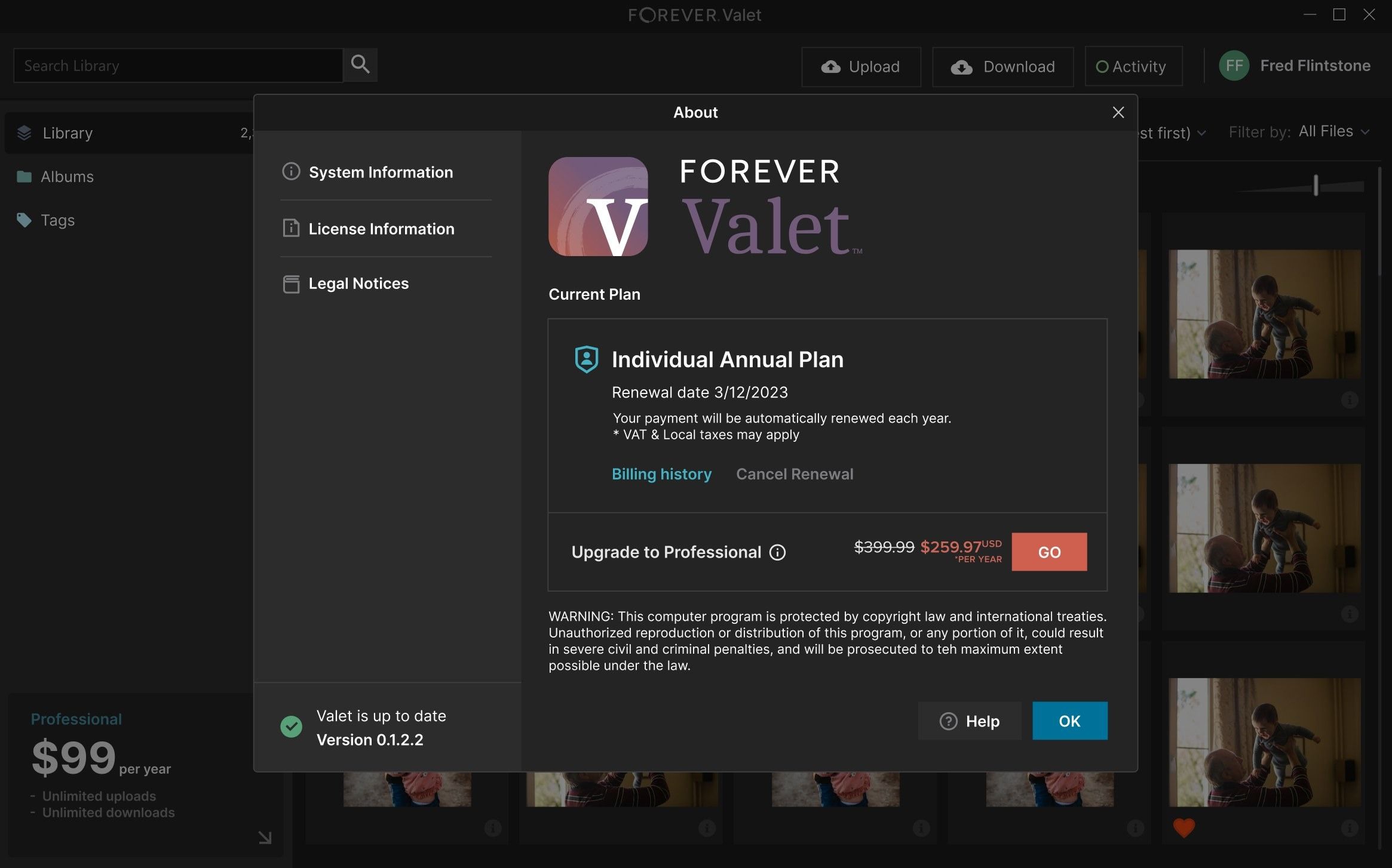FOREVER Valet about dialog: current Individual Annual Plan, renewal date, billing history, and an Upgrade to Professional offer.