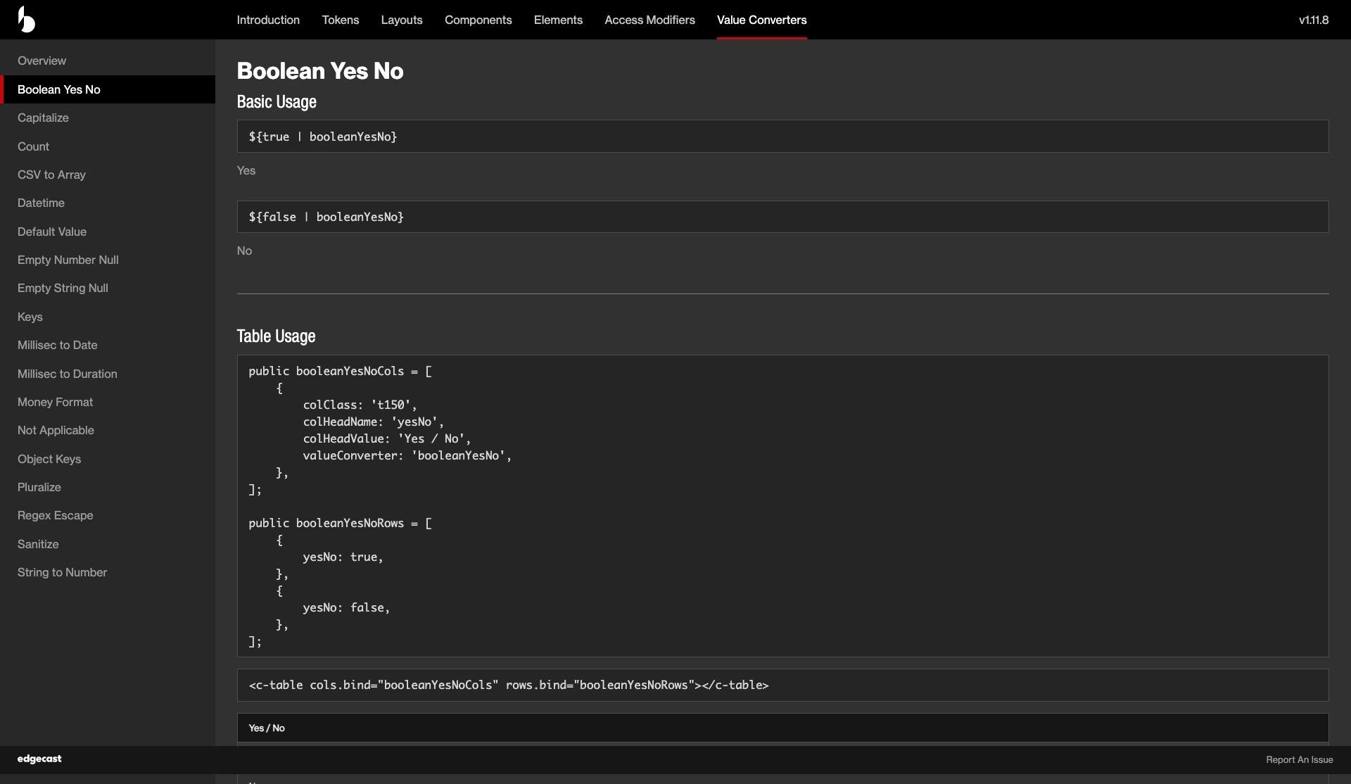 Bindable design system documentation page for a Yes/No value converter, with TypeScript table usage.