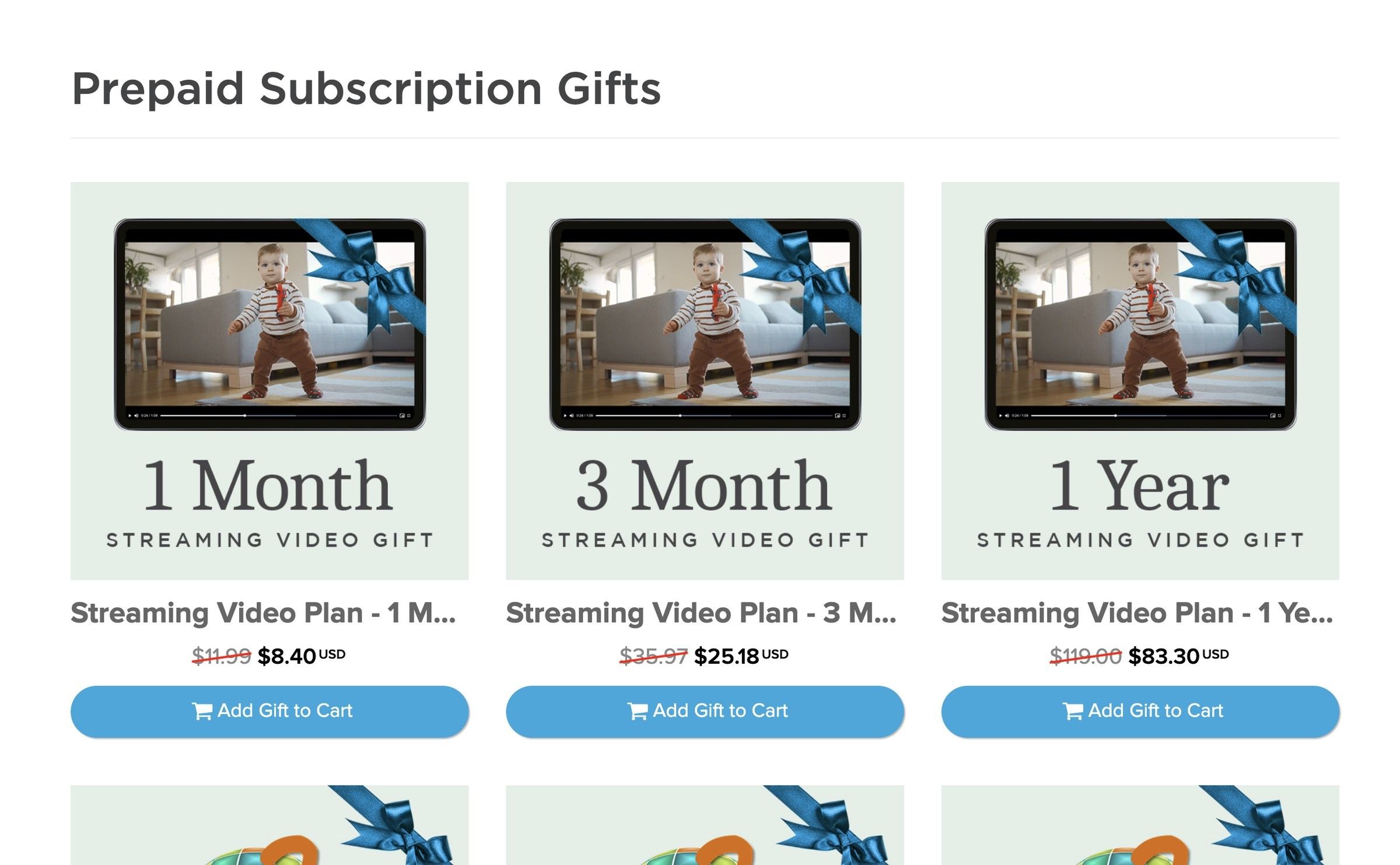Prepaid streaming video subscription gifts: 1 month, 3 month and 1 year options.