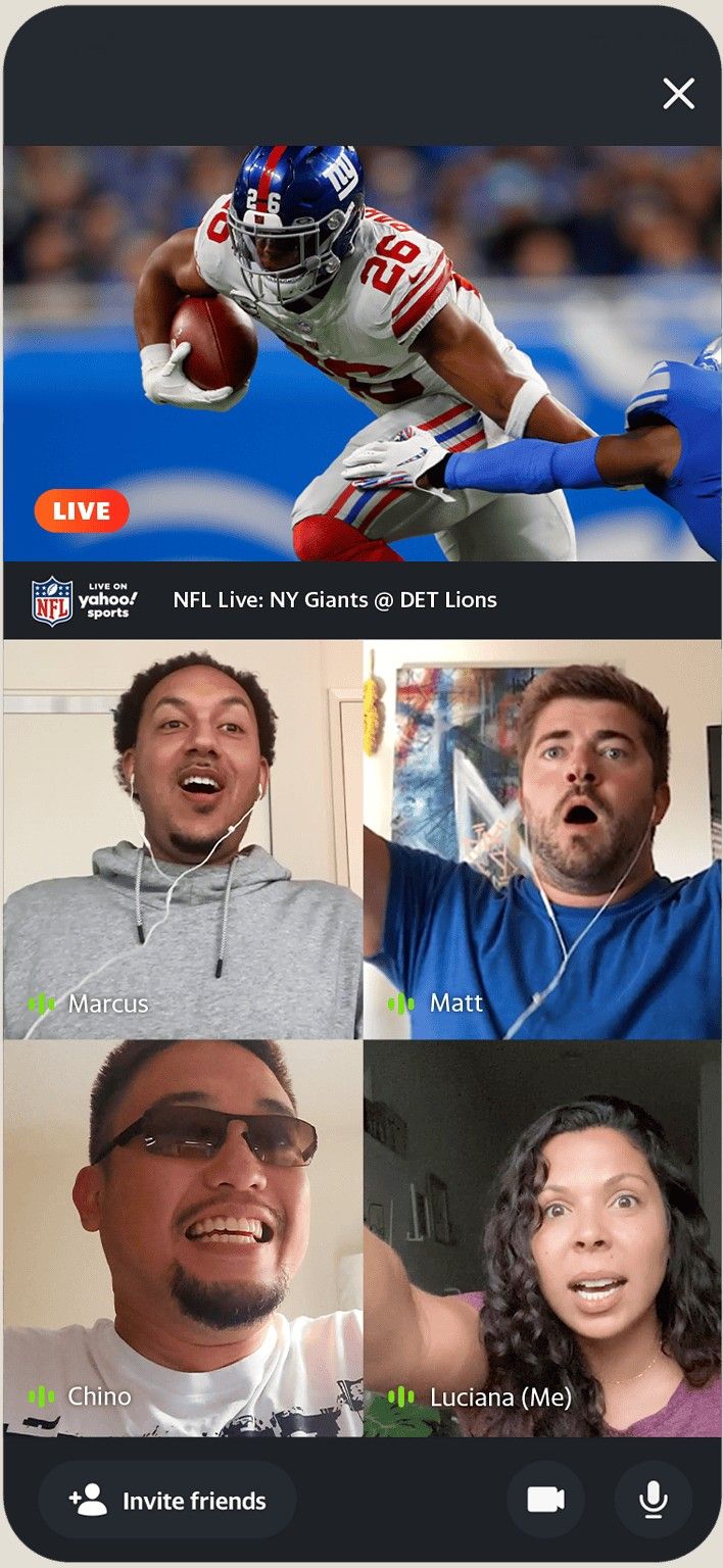Yahoo Sports Watch Together on a phone: a live NY Giants at Detroit Lions NFL game on top, four friends on video below, and Invite friends, camera and mic controls.