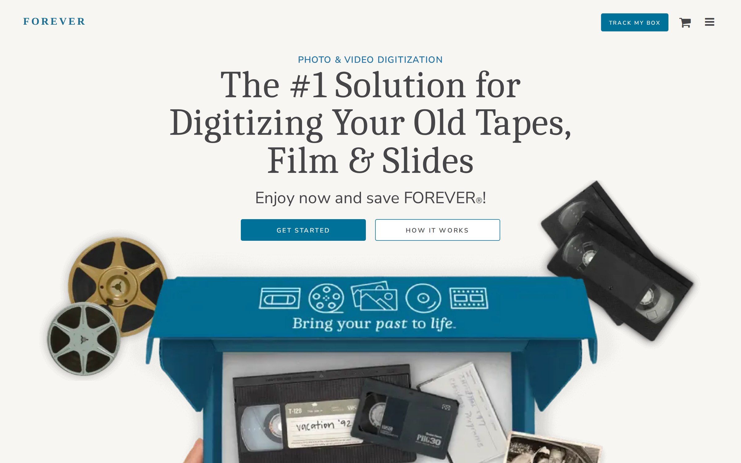 Digitization page hero: “The #1 Solution for Digitizing Your Old Tapes, Film & Slides,” with hands holding an open FOREVER digitization box full of tapes, film reels and photos.