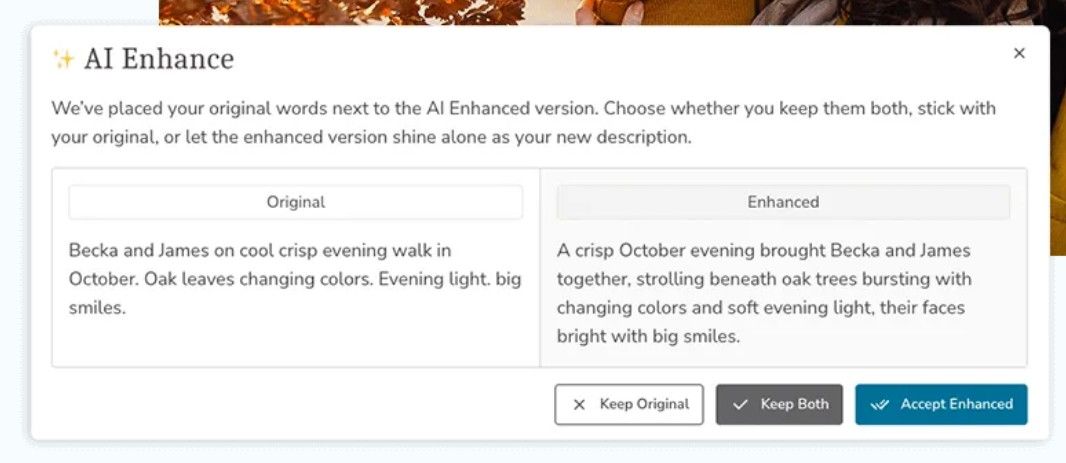 AI Enhance dialog: the original description and an AI-enhanced version side by side, with buttons for Keep Original, Keep Both and Accept Enhanced.