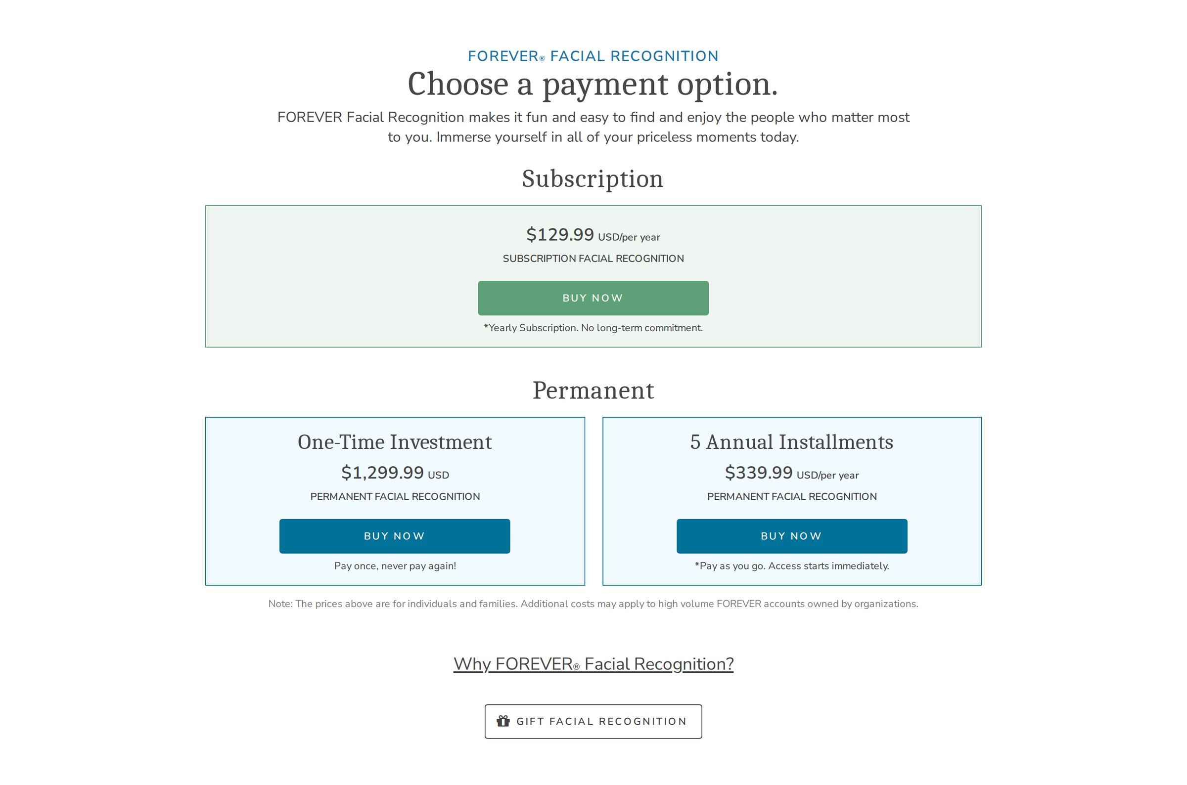 Facial Recognition plans: yearly subscription or a permanent one-time or five-installment option.