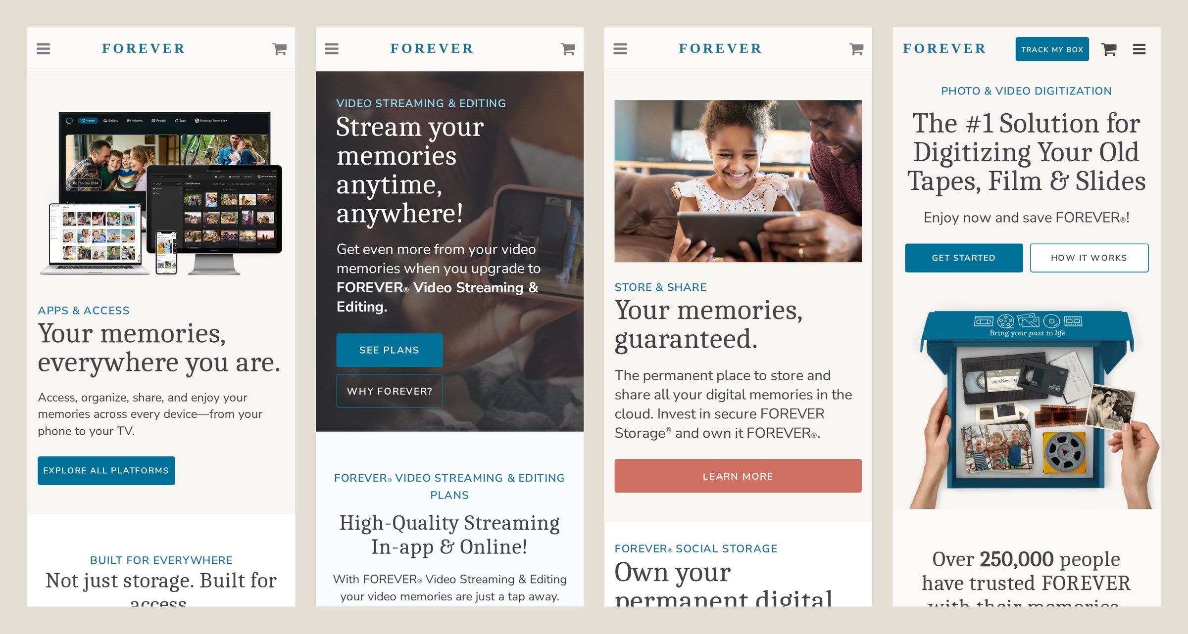 Four mobile screens of forever.com: Apps & Access, Video Streaming, Store & Share and Digitization pages.