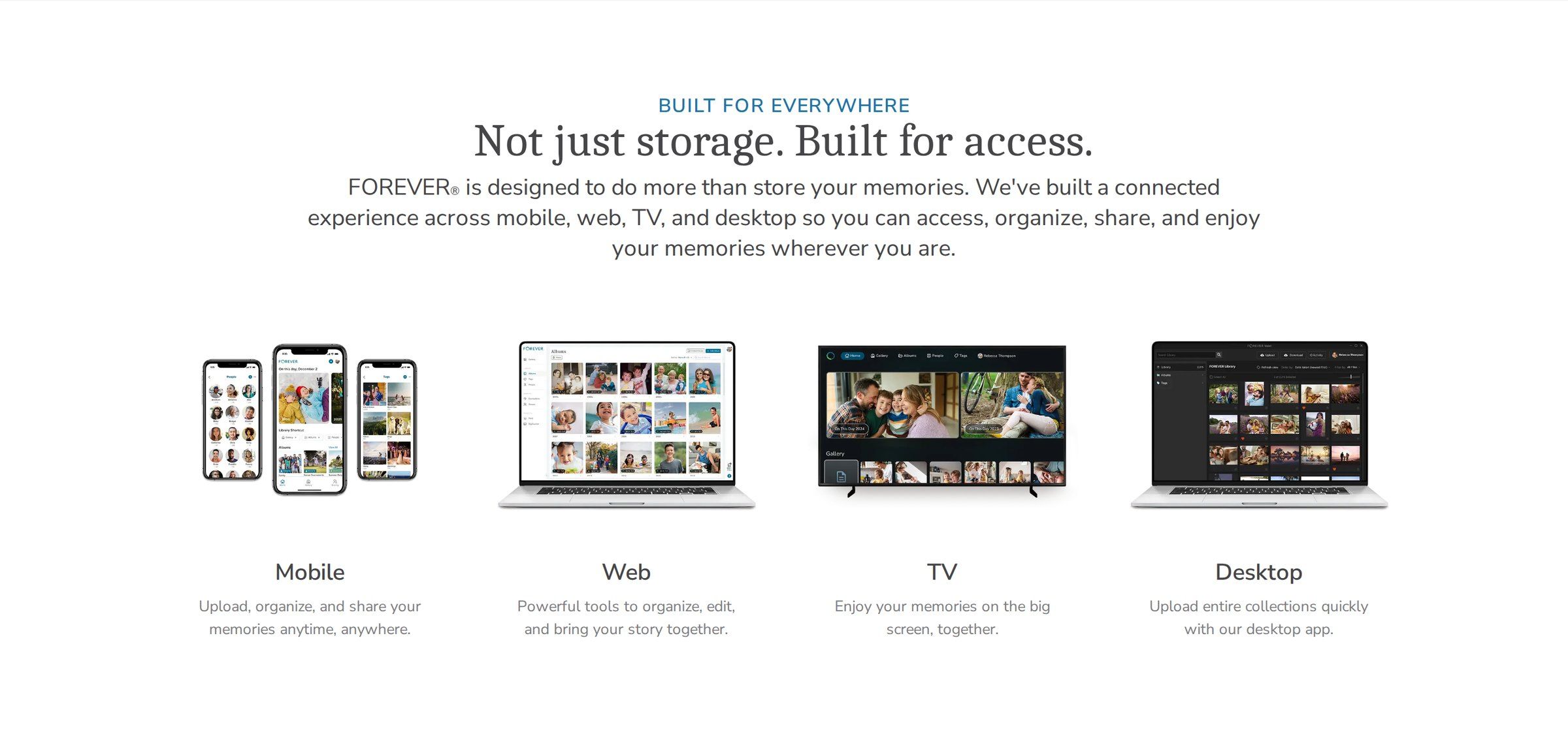 Built for access: mobile, web, TV and desktop device illustrations with short descriptions.