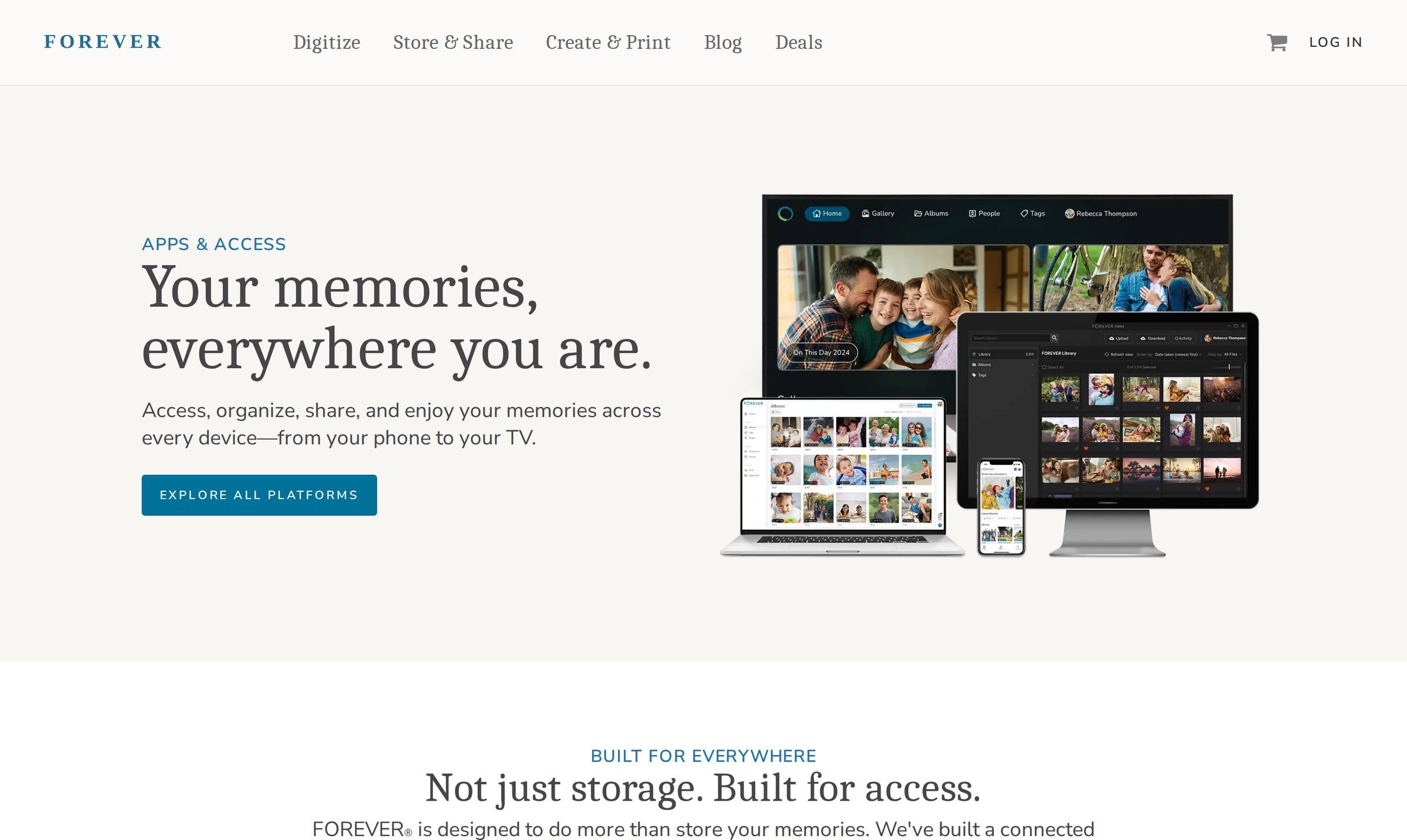 FOREVER’s Apps & Access page — “Your memories, everywhere you are,” with the FOREVER library shown on a TV, desktop, laptop and phone.