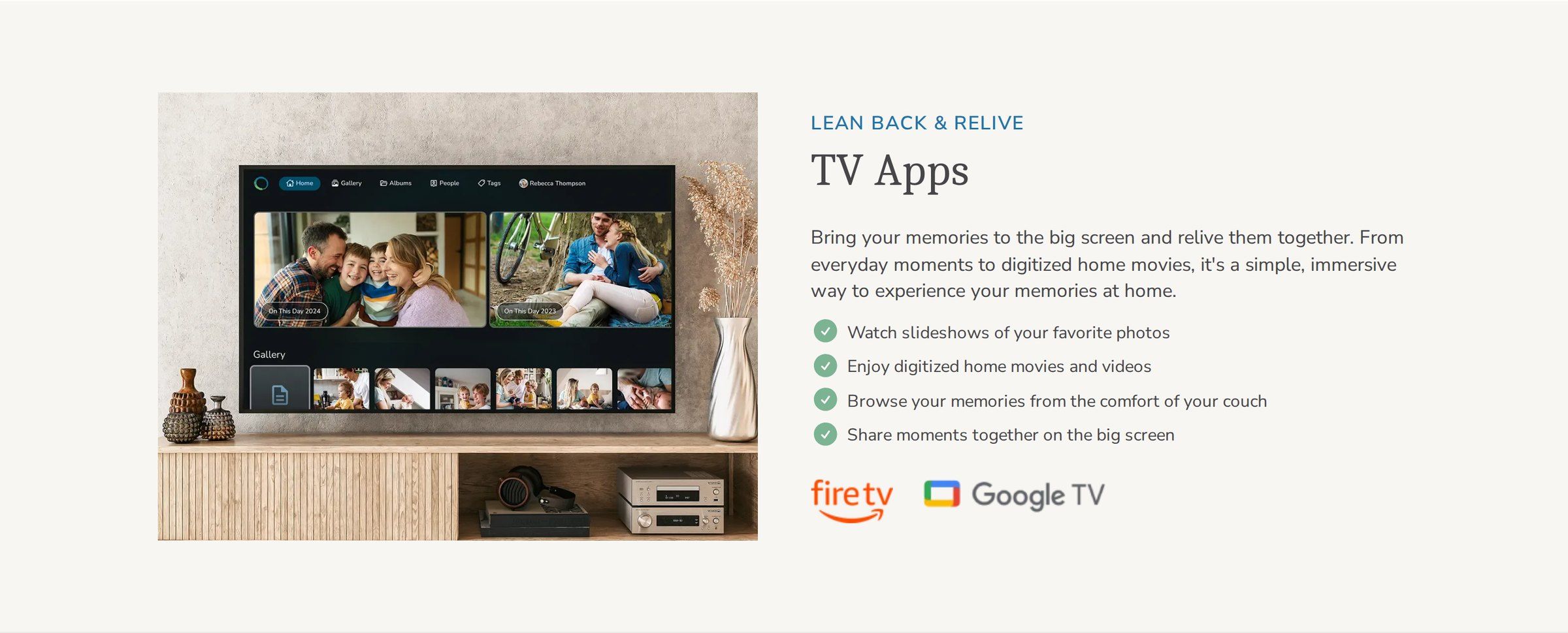 TV Apps section with the FOREVER gallery on a living-room TV, for Fire TV and Google TV.
