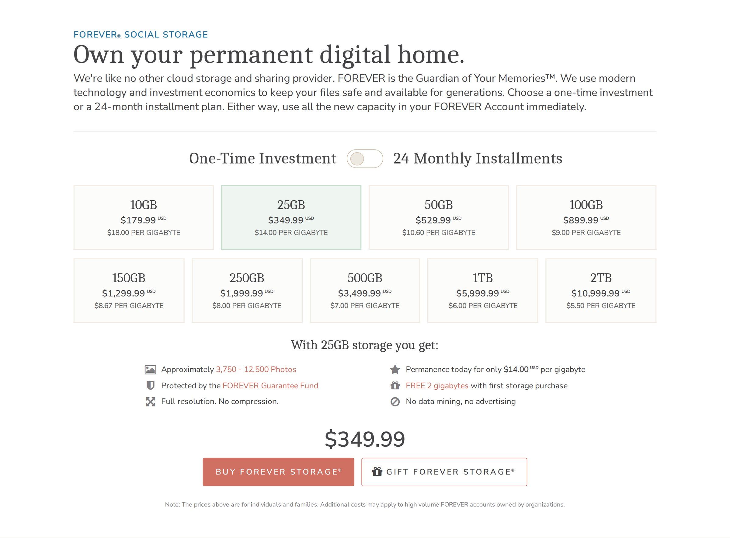 Store & Share pricing: one-time or 24 monthly installments toggle, storage tiers from 10GB to 2TB with price per gigabyte, benefits of the selected plan, and Buy or Gift buttons.