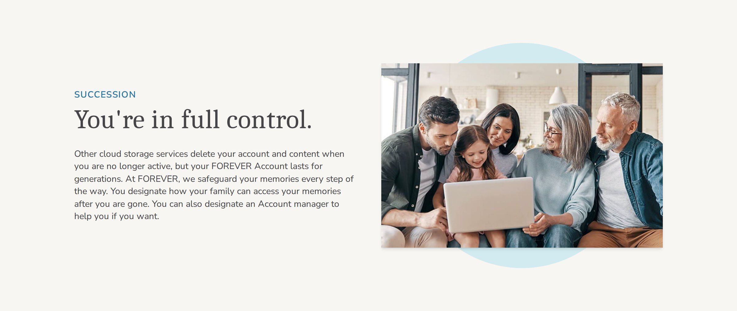 Succession section: “You’re in full control,” explaining account managers and what happens to memories after you’re gone.