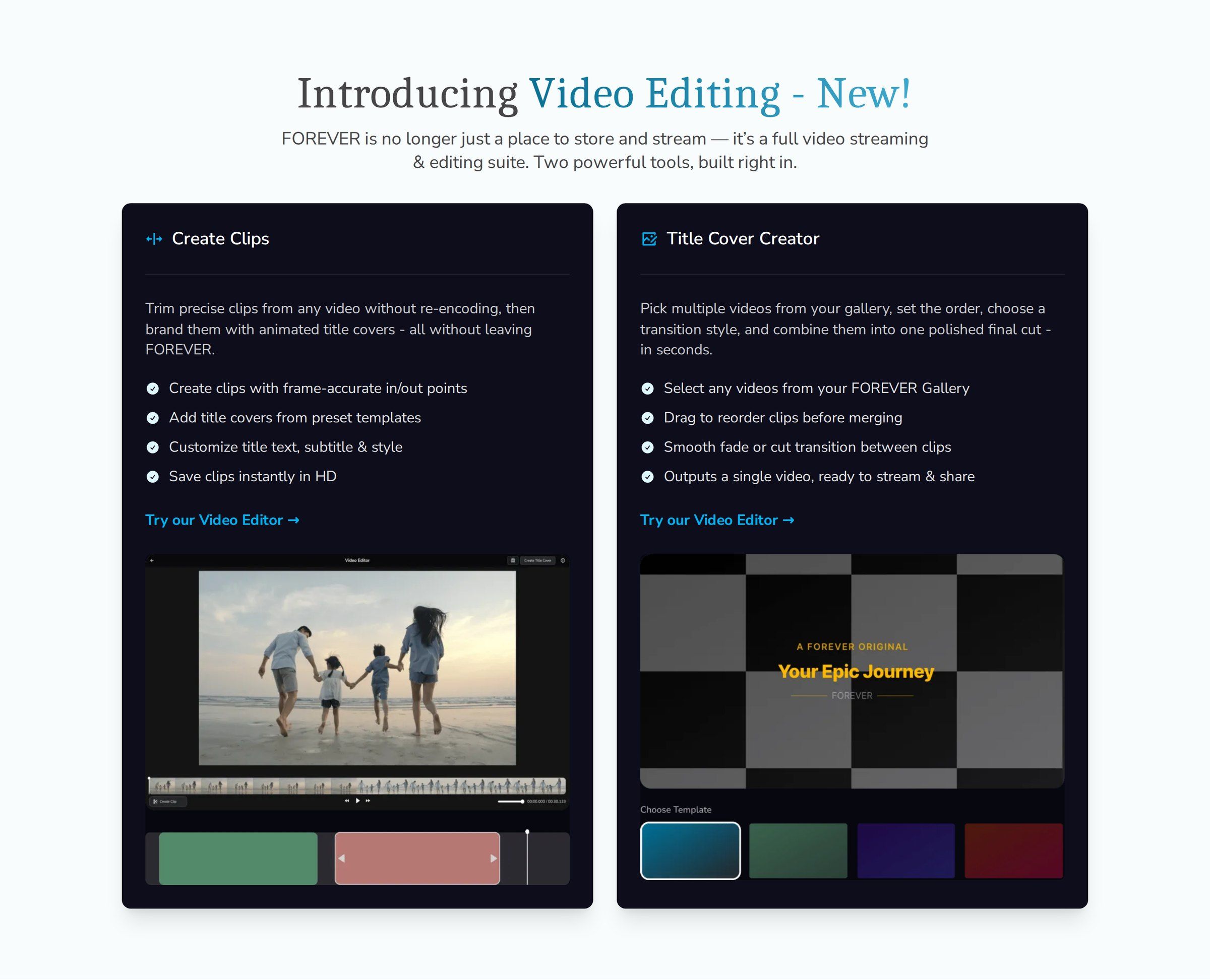 Video Editing section: Create Clips and Title Cover Creator panels, with a clip timeline and title templates.