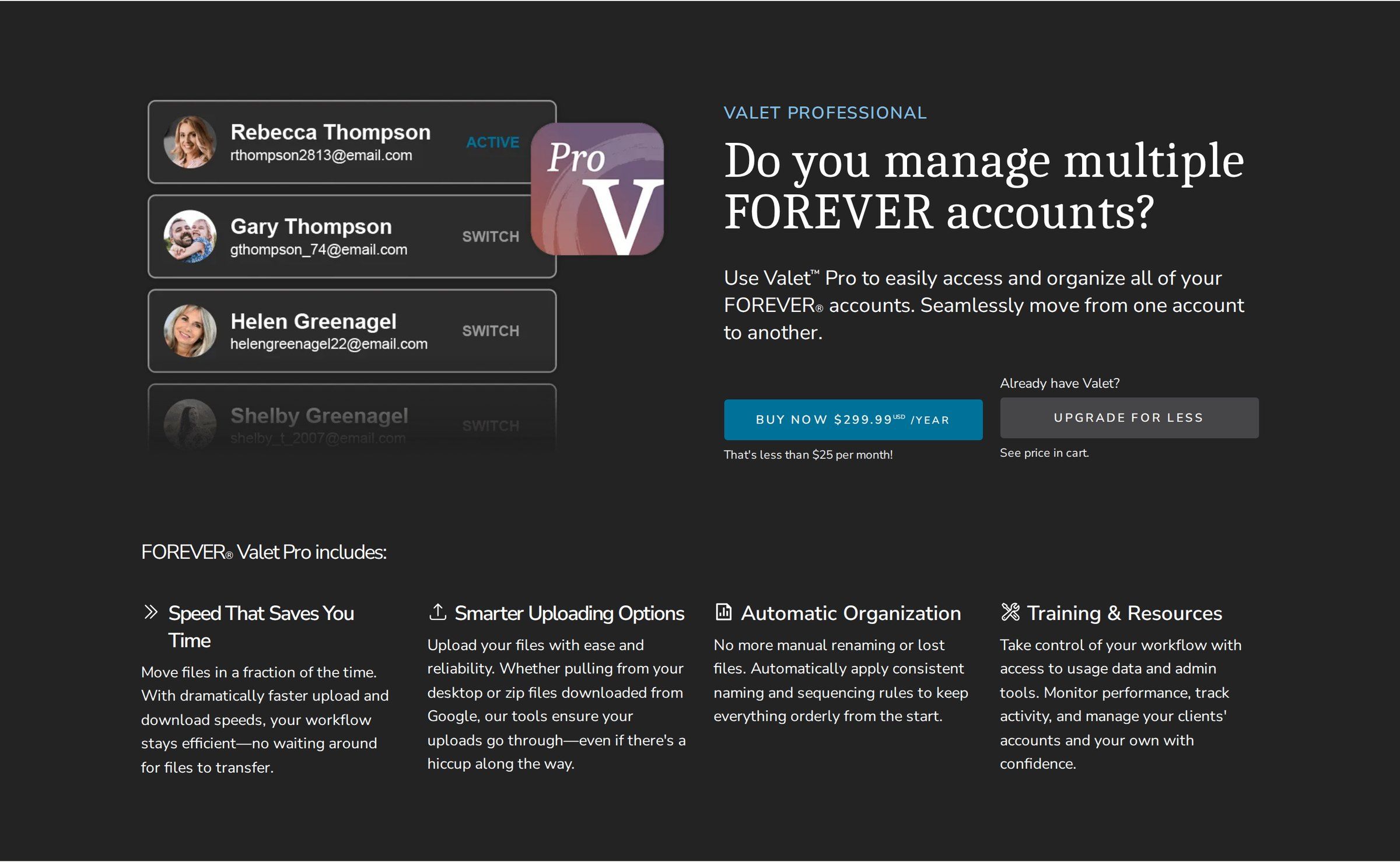 Valet Professional: an account switcher for managing multiple FOREVER accounts, with Pro features listed.